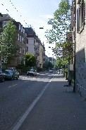 A lesser street in Zurich near hostel headed north toward city center