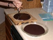 Once cooled (quickly in frig) chocolate breaks easily with knife point Once cooled (quickly in frig) chocolate breaks easily with knife point