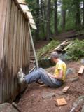 Paul continues to raise cabin for final underbeam placement