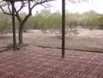Hailstones out there - not white pebbles. Big white round items on dirt are eggshells.